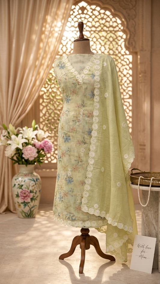 Pastel Green Floral Suit Set with Dupatta – Ethnic Wear India