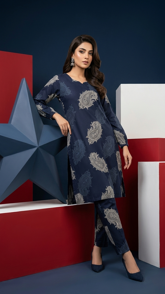 Women's Navy Blue Paisley Printed Cotton Blend Co-Ord Set