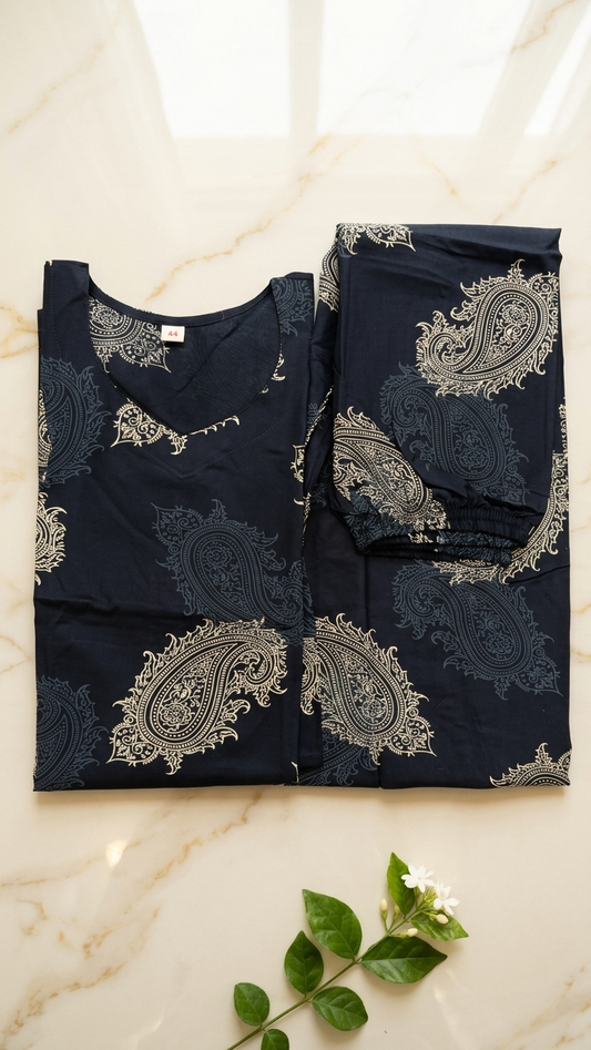 Women's Navy Blue Paisley Printed Cotton Blend Co-Ord Set