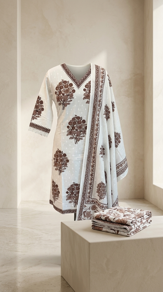 White & Brown Printed Kurta Set