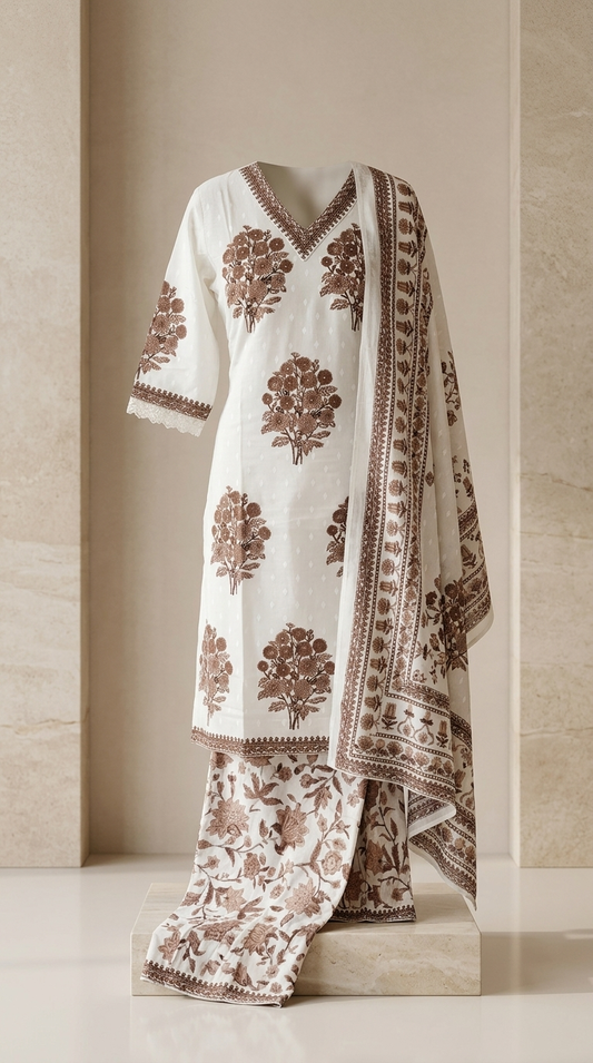 White & Brown Printed Kurta Set