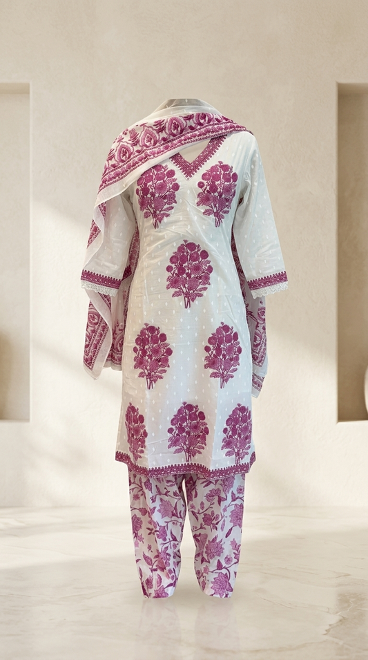 Cotton Blend Printed 3 Piece Suit Set