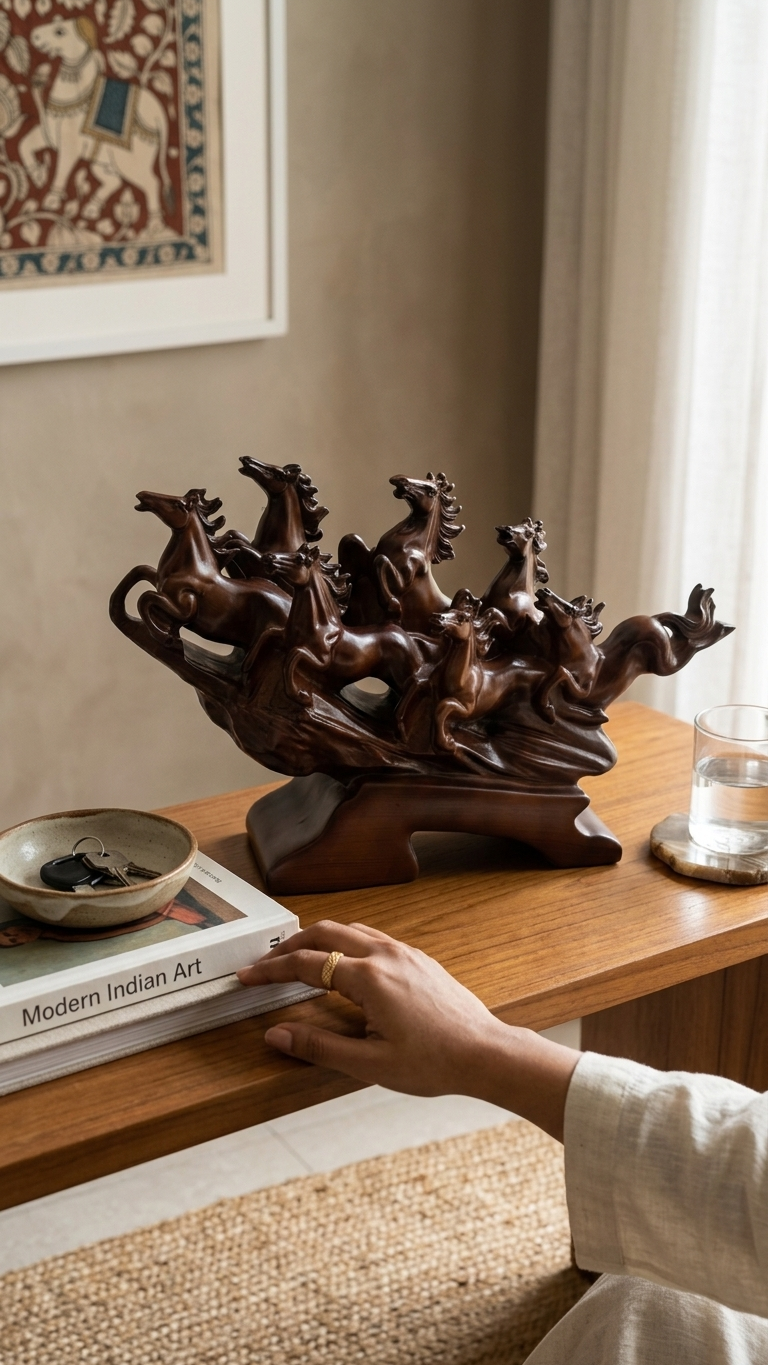 Handcrafted Eight Running Horses Showpiece on Wave Base – Premium Resin Vastu Decor