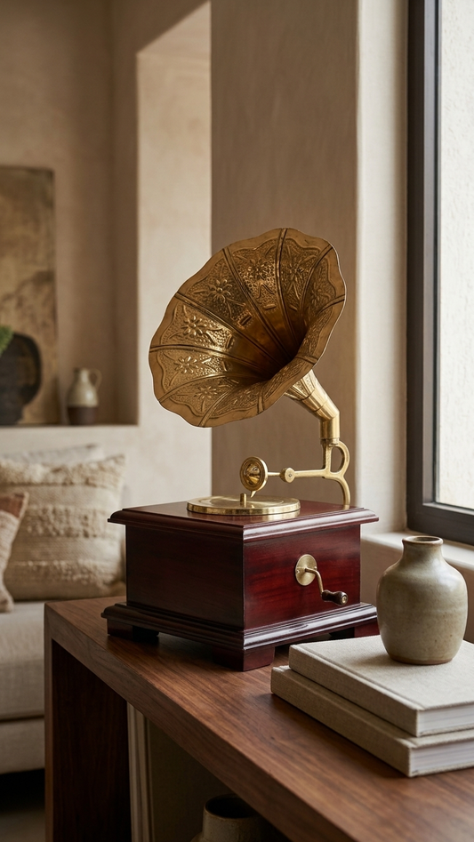 Handcrafted Vintage Gramophone Showpiece – Premium Antique Brass & Wooden Table Decor | Made in India