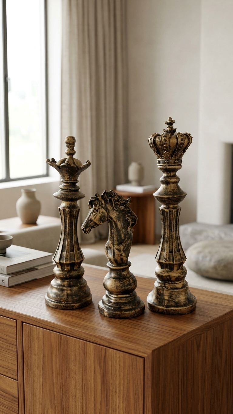 Handcrafted Chess Piece Sculpture Set – Premium King, Queen & Knight Decorative Showpiece