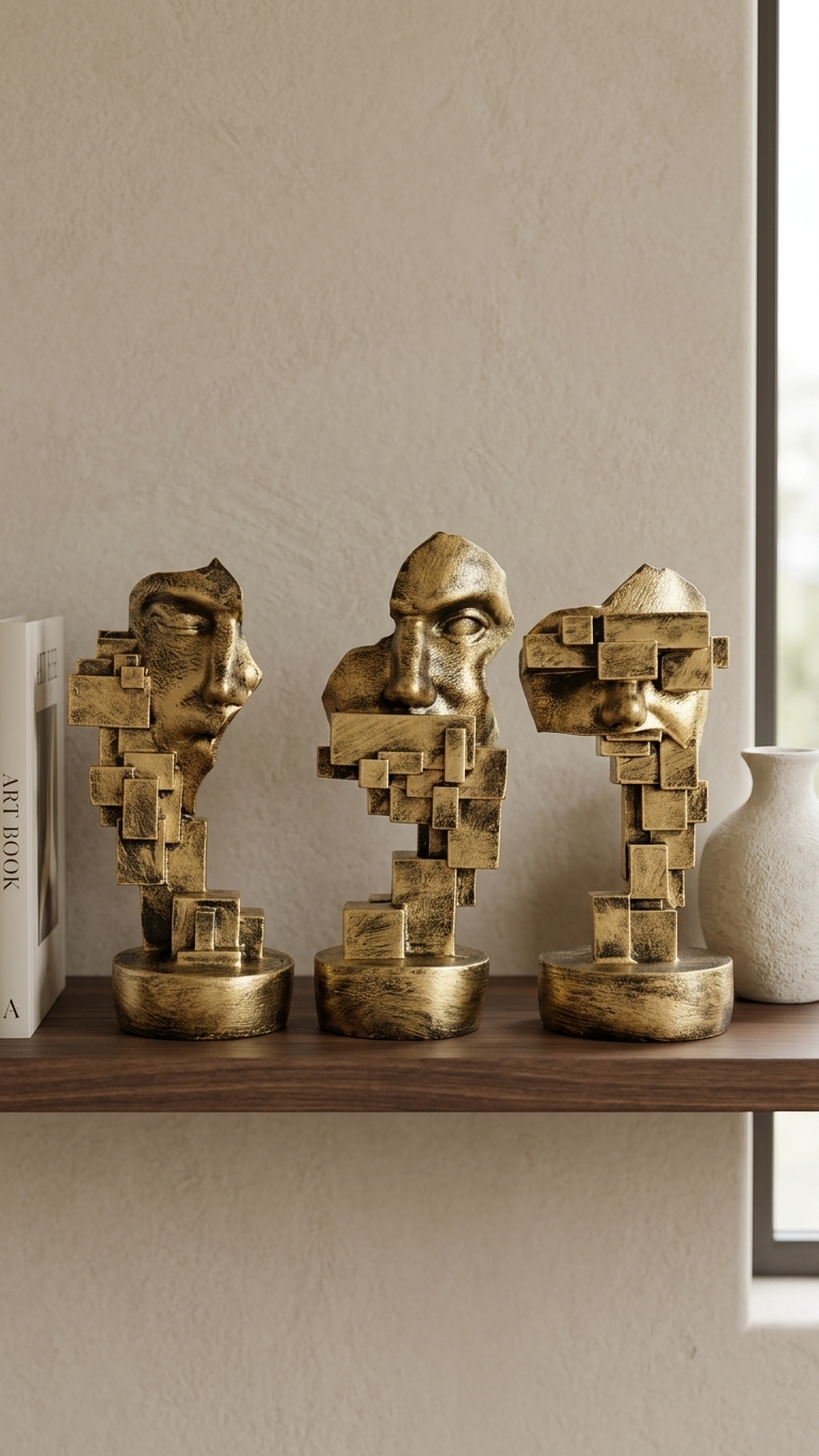 Handcrafted Abstract Face Sculpture Set of 3 – Modern Geometric Resin Art Showpiece for Home & Office Decor