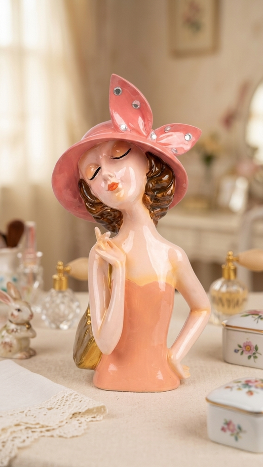 Handcrafted Elegant Lady Showpiece with Pink Bow Hat – Premium Decorative Figurine