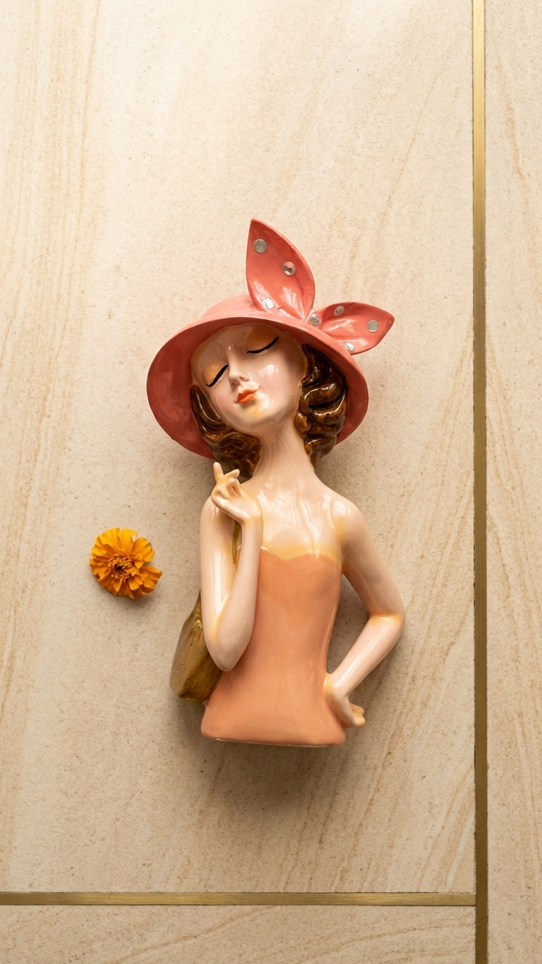 Handcrafted Elegant Lady Showpiece with Pink Bow Hat – Premium Decorative Figurine