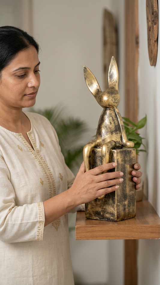 Handcrafted Gold Abstract Rabbit Sculpture Showpiece – Modern Sitting Bunny Decor | Made in India