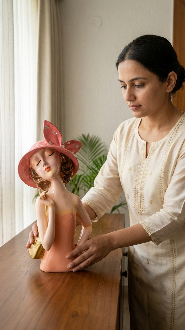 Handcrafted Elegant Lady Showpiece with Pink Bow Hat – Premium Decorative Figurine