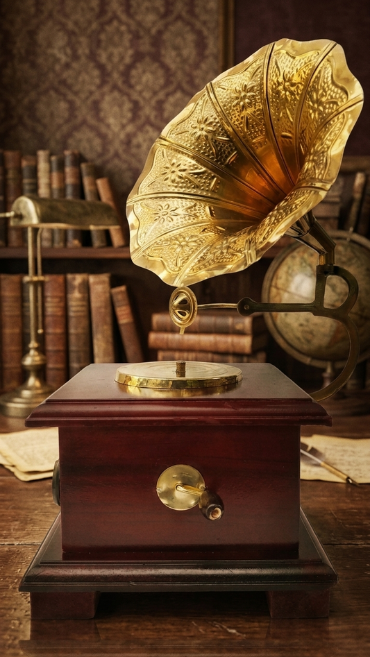 Handcrafted Vintage Gramophone Showpiece – Premium Antique Brass & Wooden Table Decor | Made in India