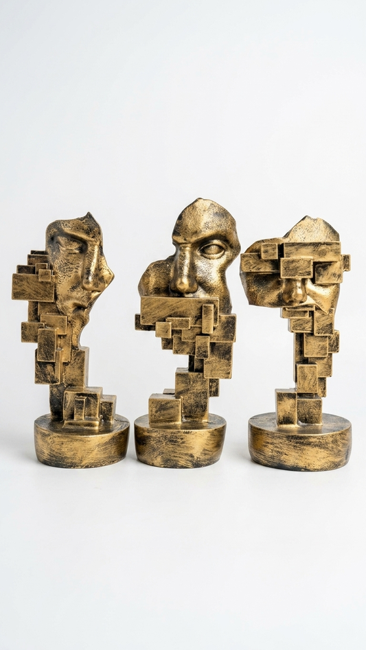 Handcrafted Abstract Face Sculpture Set of 3 – Modern Geometric Resin Art Showpiece for Home & Office Decor