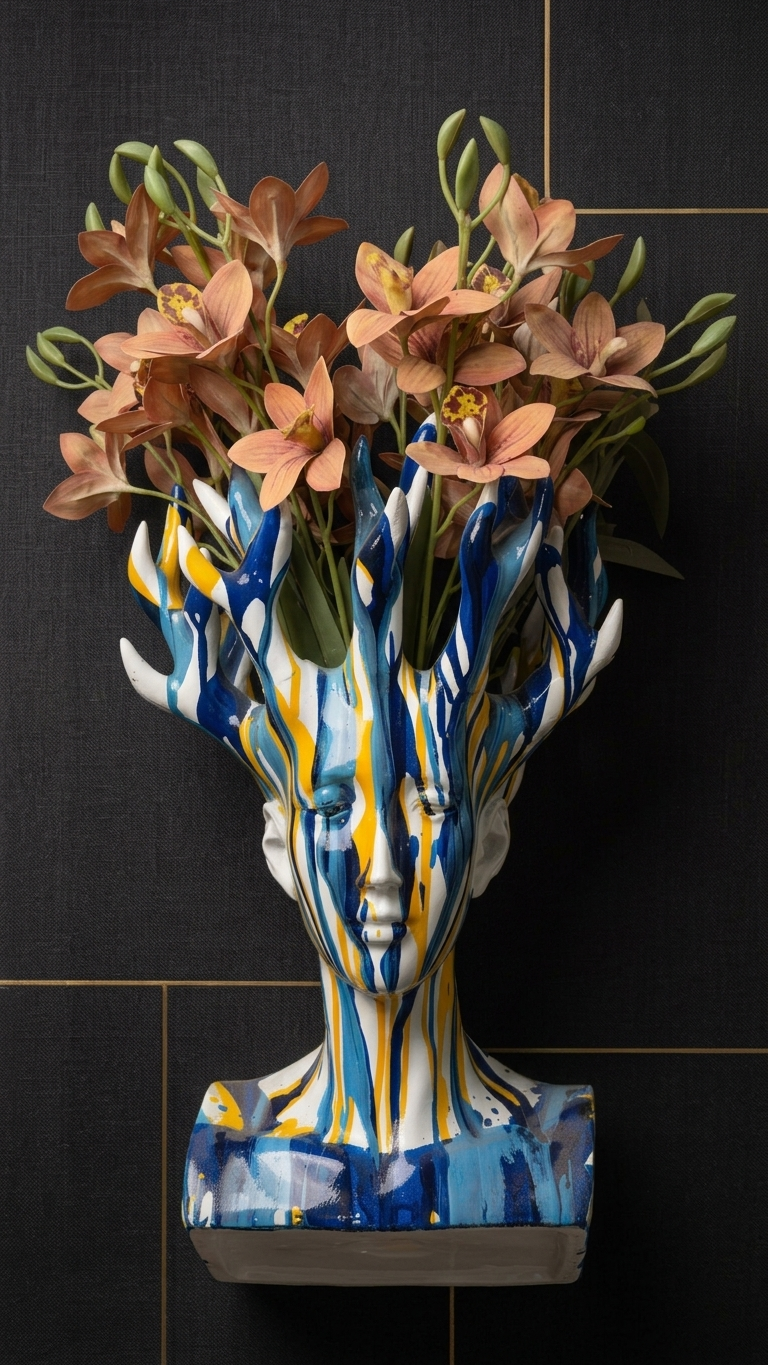 Handcrafted Blue, White & Yellow Abstract Face Showpiece – Modern Artistic Ceramic Home Decor Sculpture
