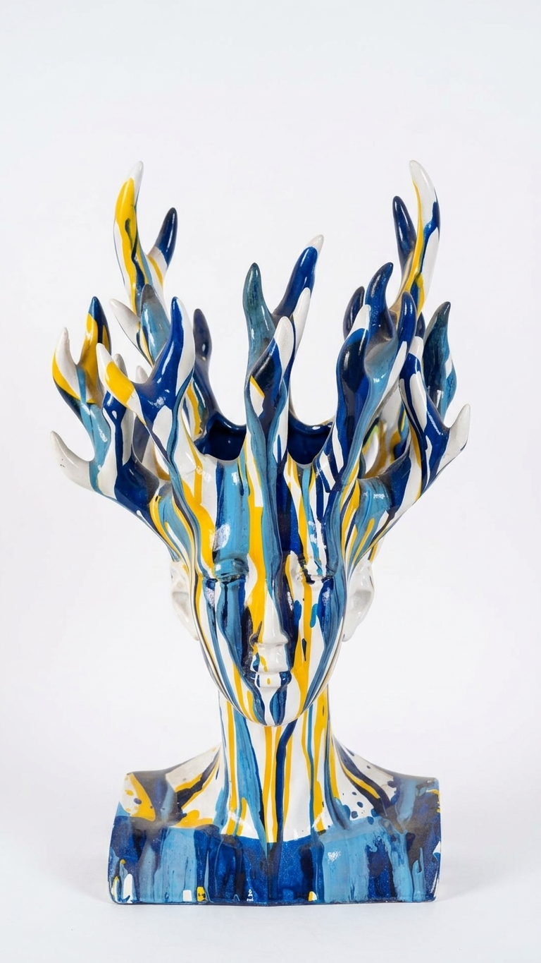 Handcrafted Blue, White & Yellow Abstract Face Showpiece – Modern Artistic Ceramic Home Decor Sculpture
