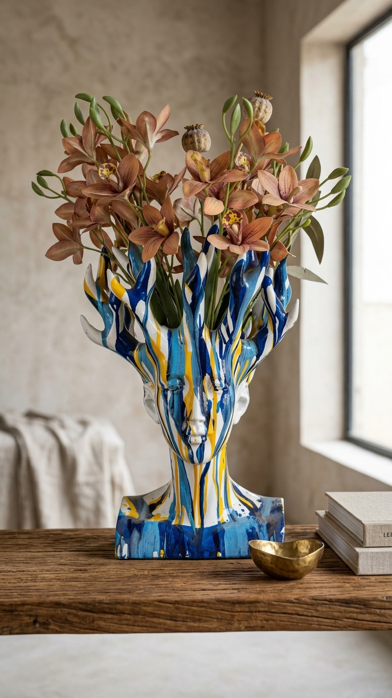 Handcrafted Blue, White & Yellow Abstract Face Showpiece – Modern Artistic Ceramic Home Decor Sculpture