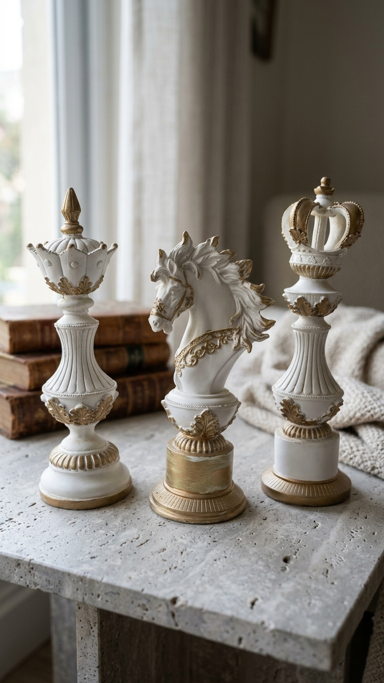 Handcrafted Royal Chess Majesty Showpiece Set – King, Queen & Knight Decorative Sculptures