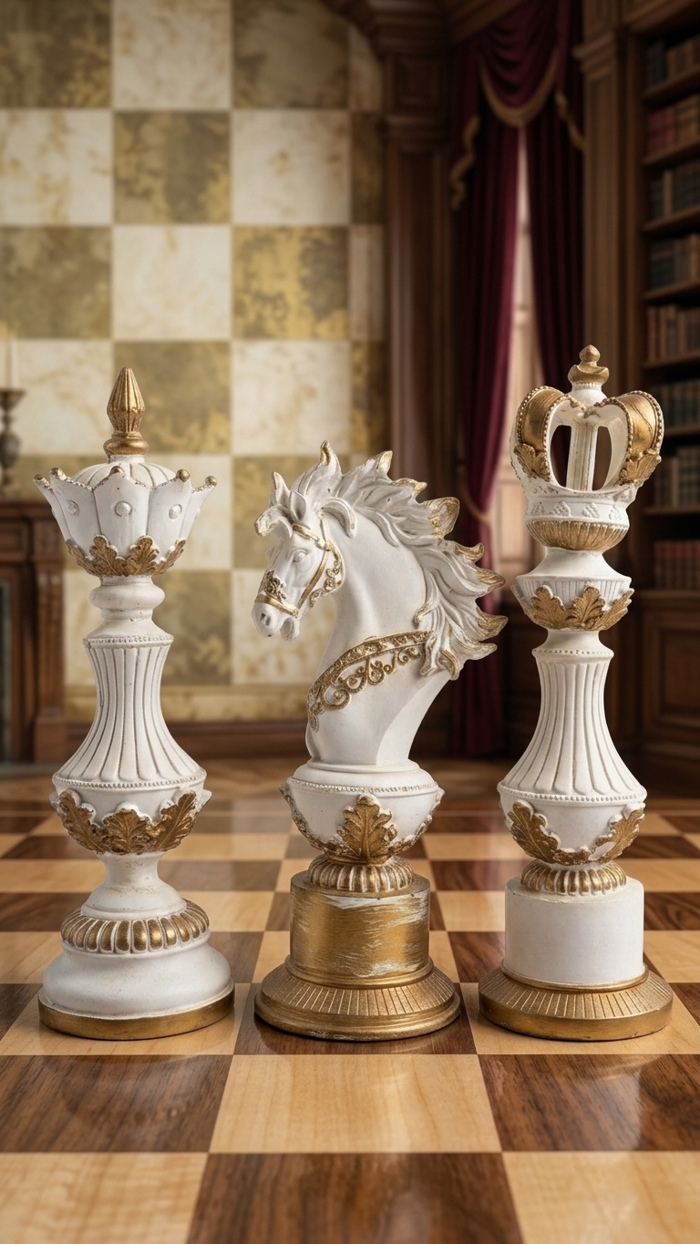 Handcrafted Royal Chess Majesty Showpiece Set – King, Queen & Knight Decorative Sculptures