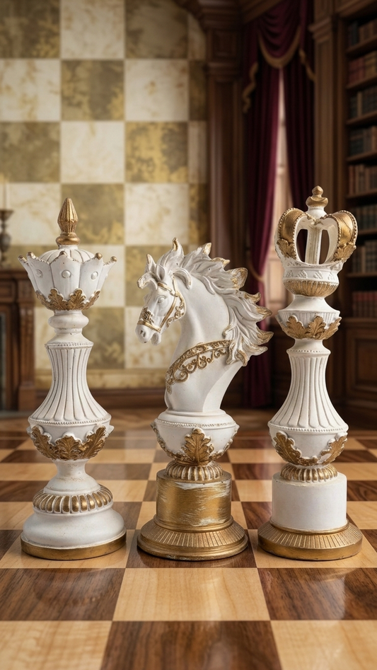 Handcrafted Royal Chess Majesty Showpiece Set – King, Queen & Knight Decorative Sculptures