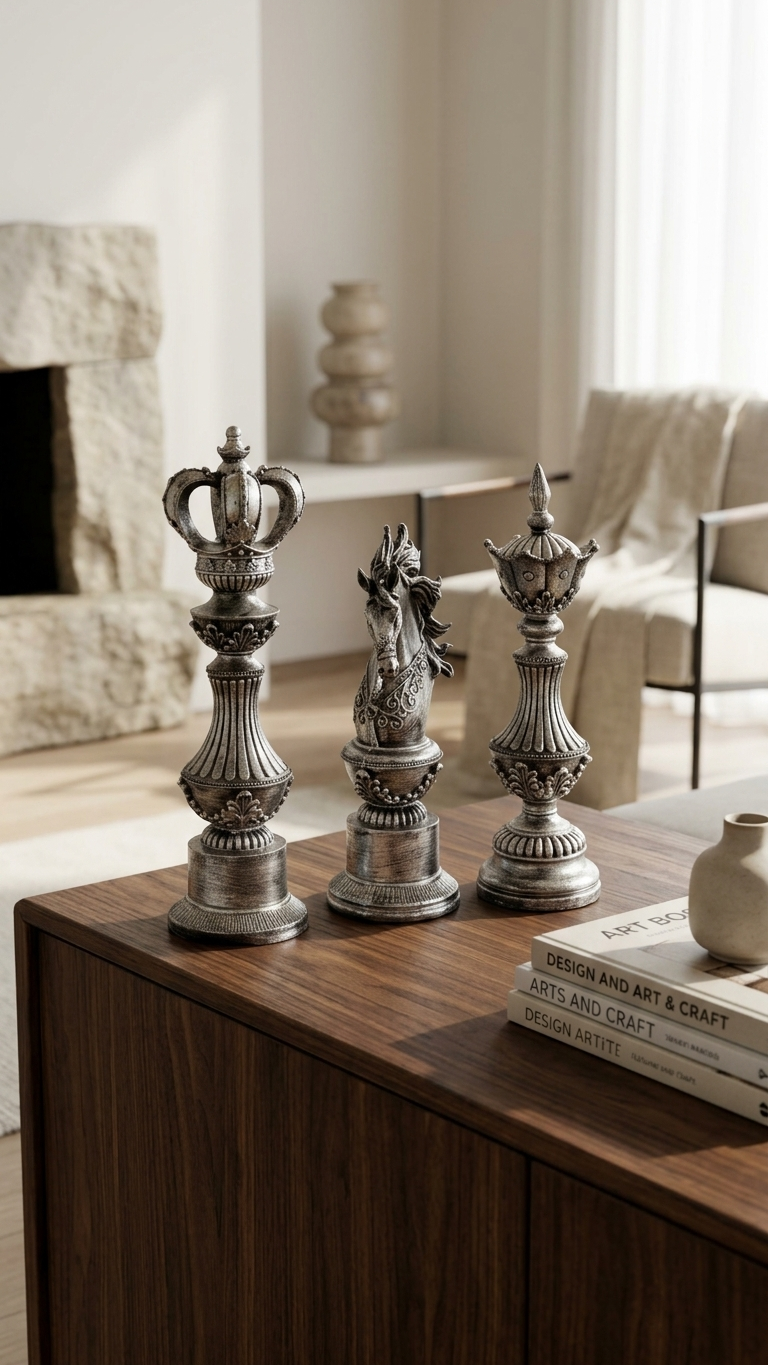 Handcrafted Royal Chess Majesty Showpiece Set – King, Queen & Knight Decorative Sculptures