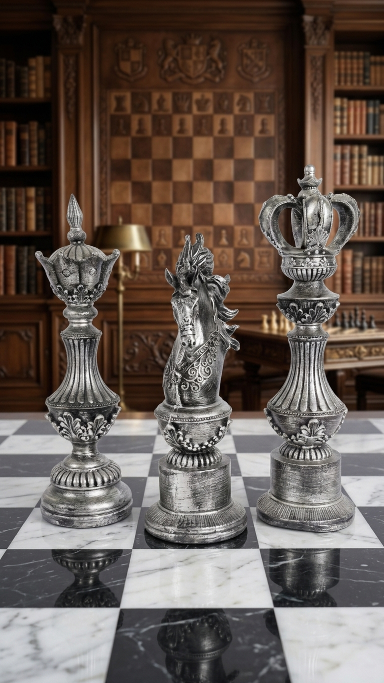 Handcrafted Royal Chess Majesty Showpiece Set – King, Queen & Knight Decorative Sculptures