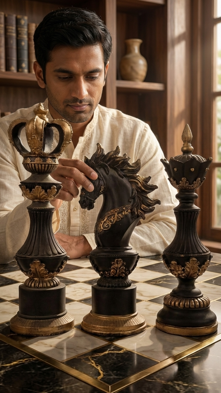 Handcrafted Royal Chess Majesty Showpiece Set – King, Queen & Knight Decorative Sculptures