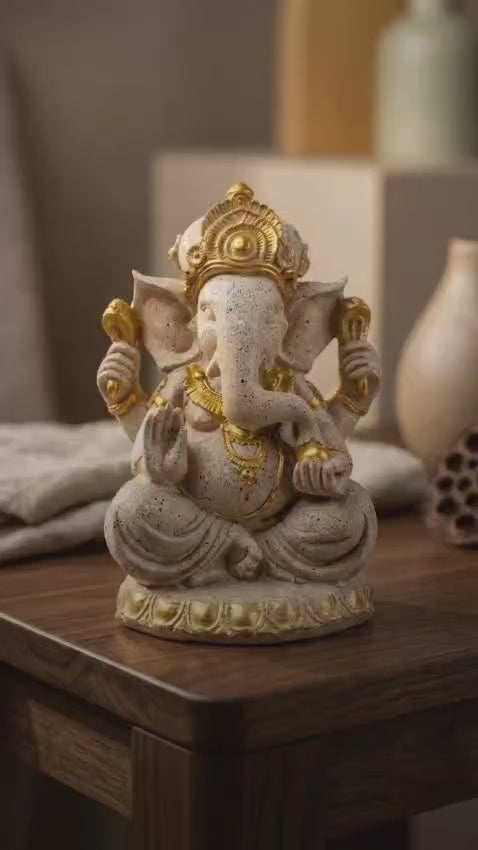 Handcrafted Ganesha Idol for Home Decor & Pooja -White & Gold