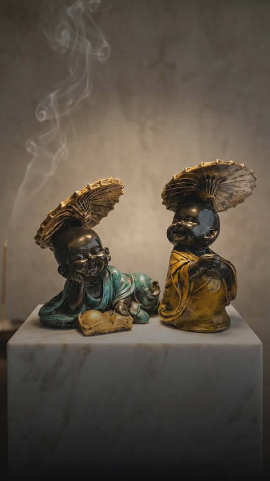 Handcrafted Monk Statue Set with Umbrella -For Home Decor & Gifting